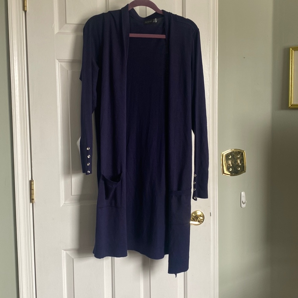 navy cardigan